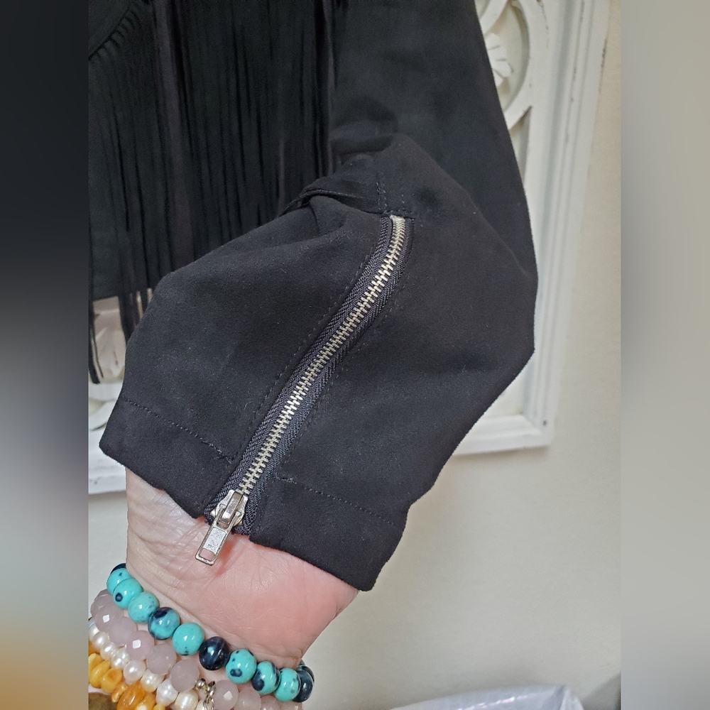 NWT Unique Vintage Black Faux Suede Tassle Fringe Cropped Jacket 1X / 16 - Picture 5 of 16